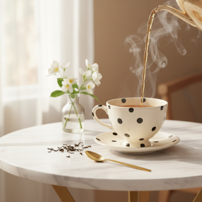 Chávena creme com bolinhas pretas a ser preenchida com chá quente, sobre mesa de mármore com colher dourada e jarro de vidro com flores brancas