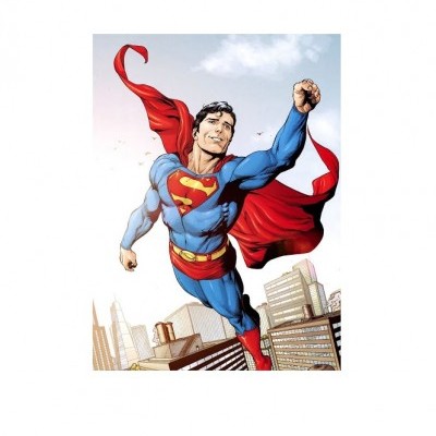 Ilustração de super-herói azul e vermelho a voar sobre uma cidade