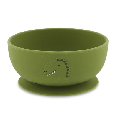 Tigela verde de silicone com desenho de dinossauro e ventosa na base