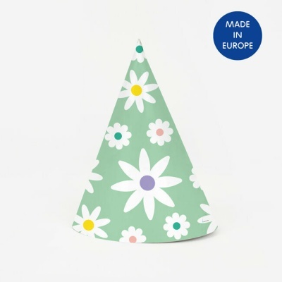 Chapéu de festa verde com flores brancas e etiqueta MADE IN EUROPE