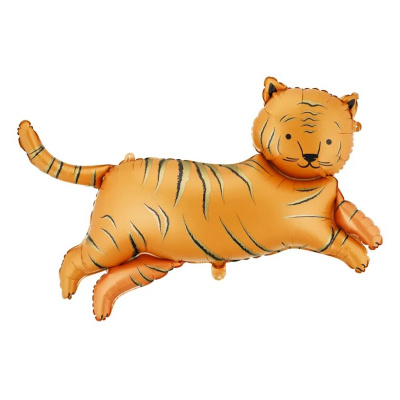 Balão laranja em forma de tigre com riscas pretas e rosto sorridente