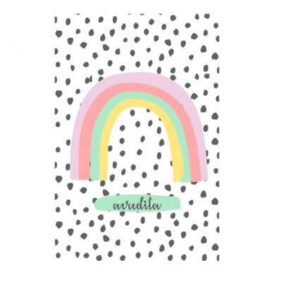 Cartaz decorativo com padrão de manchas pretas e arco-íris pastel com texto 'arredita'