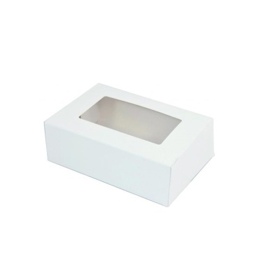 Caixa retangular branca de cartão com janela transparente