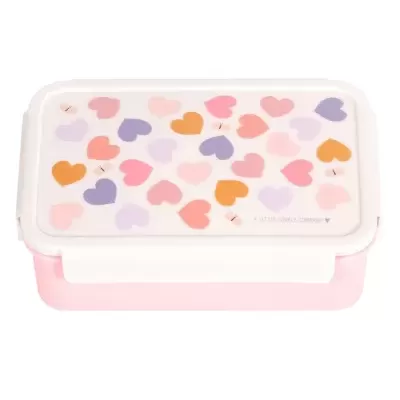 Recipiente plástico rosa com tampa branca e corações coloridos