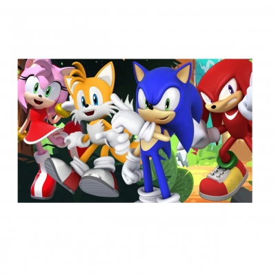 Personagens animados do Sonic em pose dinâmica com fundo de natureza