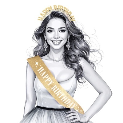 Faixa e tiara de festa douradas com texto HAPPY BIRTHDAY usadas por mulher elegante