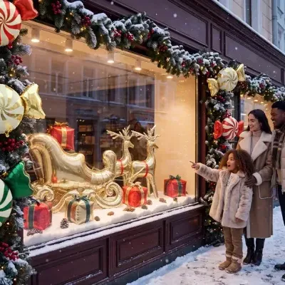 Vitrine de Natal decorada com trenó dourado, renas, doces coloridos e presentes, vista por uma família na rua com neve