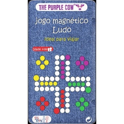 Embalagem de jogo magnético Ludo com fundo azul e peças coloridas