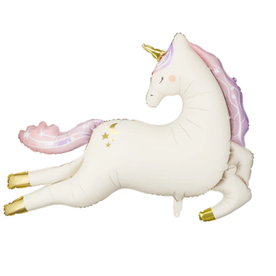 Balão unicórnio branco com chifres dourados e crina rosa