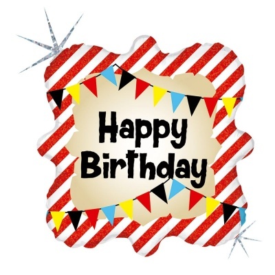 Balão de festa quadrado com riscas vermelhas e brancas, texto Happy Birthday e bandeirinhas coloridas