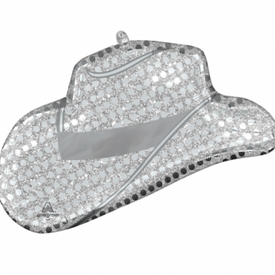 Chapéu de cowboy prateado translúcido com padrão de círculos.