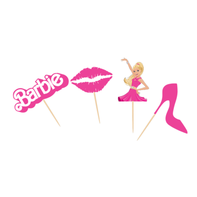 Toppers decorativos de papel em palito com temas Barbie, lábios, personagem e sapato rosa.