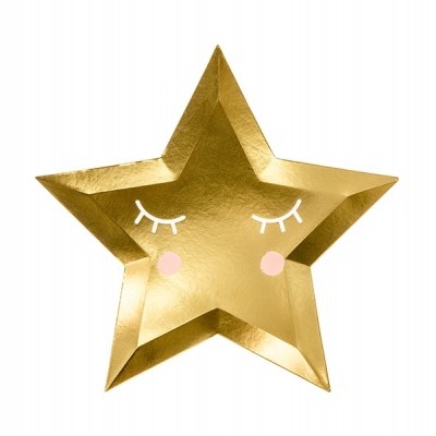 Prato decorativo dourado em forma de estrela com olhos fechados e bochechas cor de rosa