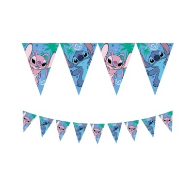 Bandeirolas triangulares com personagens Stitch e Angel em azul e rosa