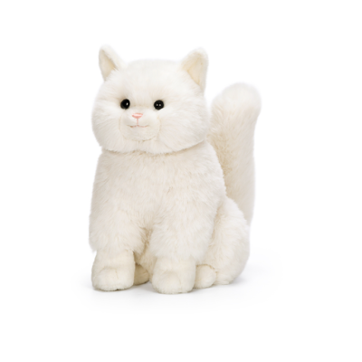Pelúcia de gato branco macio com olhos pretos e nariz cor-de-rosa