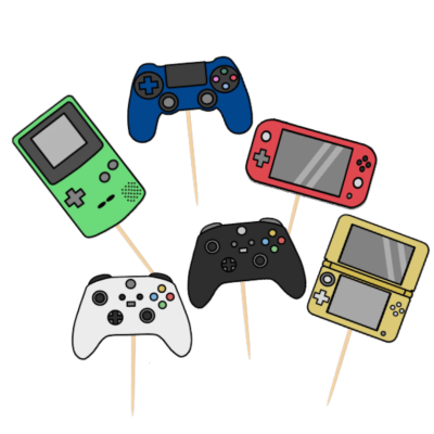 Miniaturas coloridas de comandos e consolas de videojogos em material plano com paus de madeira
