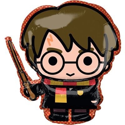 Figura de Harry Potter em vinil com varinha e cachecol vermelho e amarelo