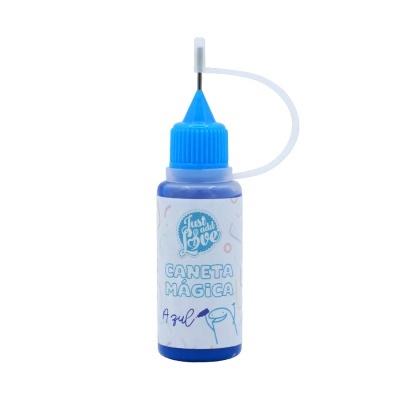Frasco azul com bico aplicador e etiqueta 'Caneta Mágica Azul'