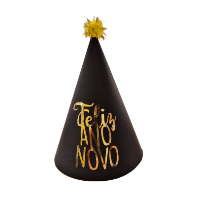 Chapéu de festa preto com texto dourado e pompom amarelo