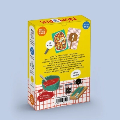 Embalagem de jogo educativo amarelo com ilustrações de pizza e ingredientes.