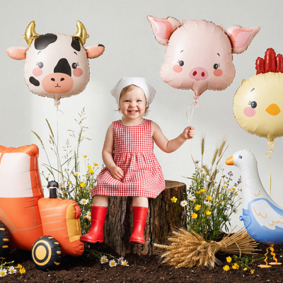 Criança com vestido vermelho e balões de animais e trator em terra com flores