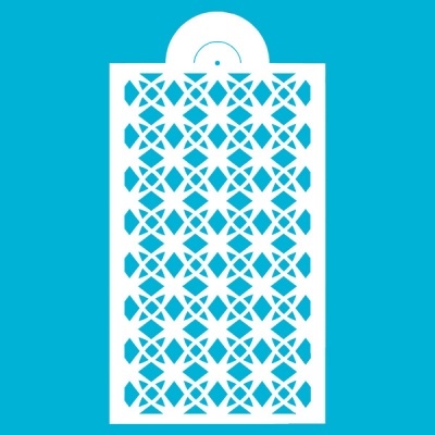 Placa retangular branca com padrão geométrico recortado sobre fundo azul