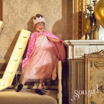 Menina vestida de princesa rosa com capa e coroa em ambiente clássico interior