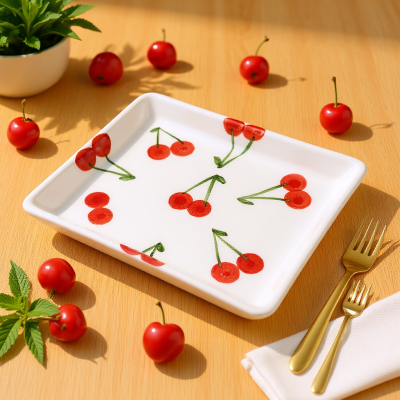 Prato quadrado branco com desenho de cerejas vermelhas numa mesa de madeira com cerejas, planta, garfos dourados e guardanapo branco