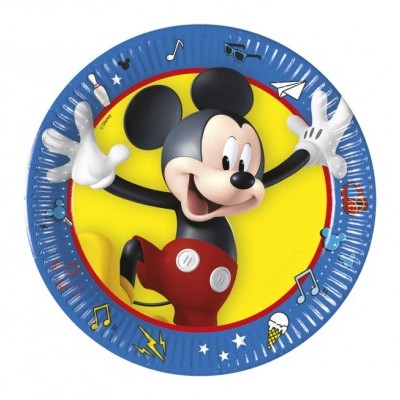 Prato descartável de papel com imagem do Mickey Mouse e borda azul decorada