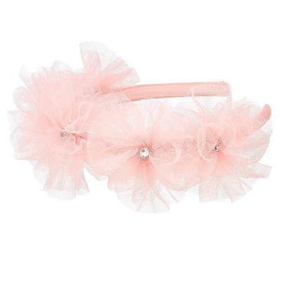 Aro de cabelo cor-de-rosa com flores de tule e pedras decorativas