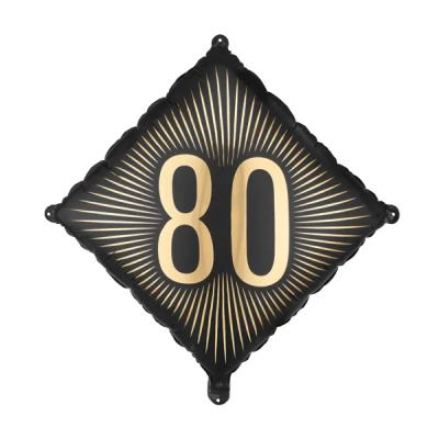 Balão preto losango com número 80 dourado e padrão de raios dourados