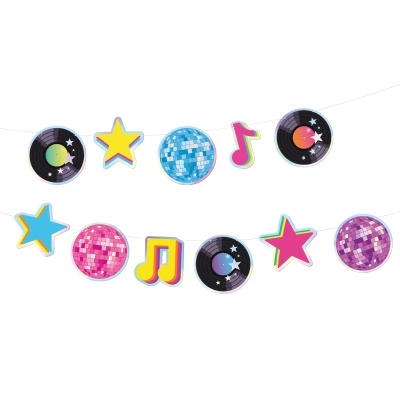 Guirlanda decorativa com discos de vinil, bolas de discoteca, estrelas e notas musicais coloridas
