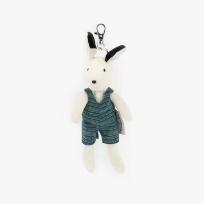 Chaveiro de pelúcia coelho com macacão às riscas