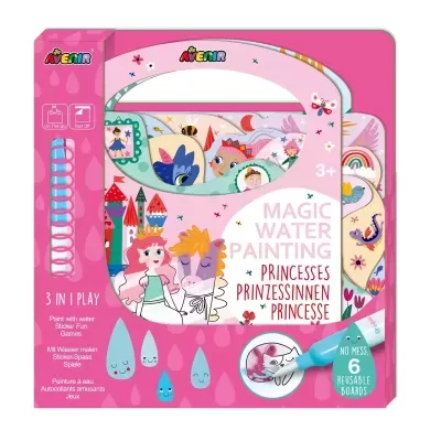 Kit de pintura com água Magic Water Painting tema princesas, embalagem rosa com 6 tabuleiros reutilizáveis e caneta de água azul.