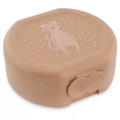 Caixa beige com tampa com desenho de gato rosa