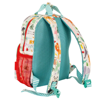 Mochila infantil estampada com animais, costas em malha azul e bolso em rede vermelha