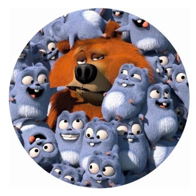 Urso castanho rodeado por vários coelhos azuis sorridentes