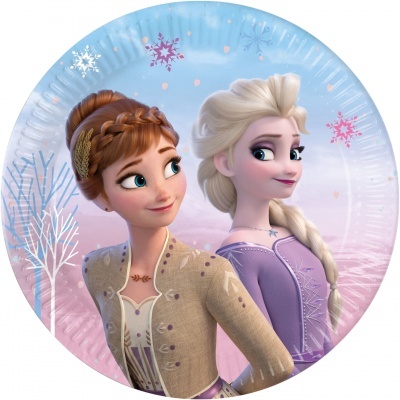 Prato de papel decorado com personagens Anna e Elsa de Frozen em fundo azul e rosa