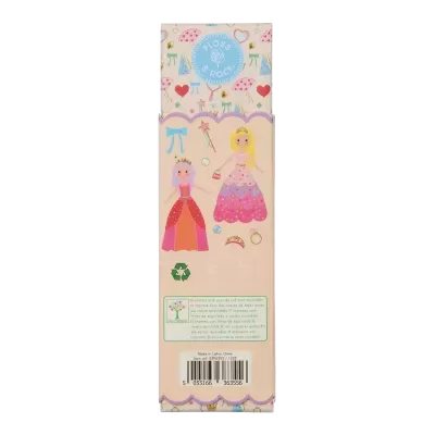 Embalagem de papel reciclável com ilustrações de princesas e texto ECO-FRIENDLY