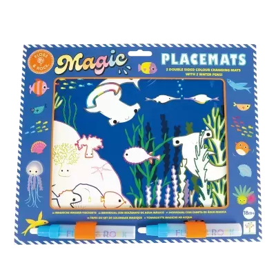 Packaging de tapetes de alimentação Magic Placemats da Floss & Rock com design subaquático e duas canetas de água
