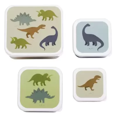 Conjunto de quatro caixas plásticas com tampas decoradas com dinossauros coloridos em fundo pastel