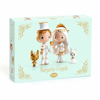 Caixa de brinquedo Marguerite & Léopold Tinyly com figuras de casal e animais, cores branco e dourado