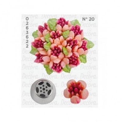 Bico metálico de confeitaria com decoração de flor e bagas em glace, embalagem branca com números 0263 e N° 20