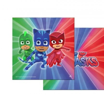 Dois cartões com personagens PJ Masks coloridos em fundo vibrante