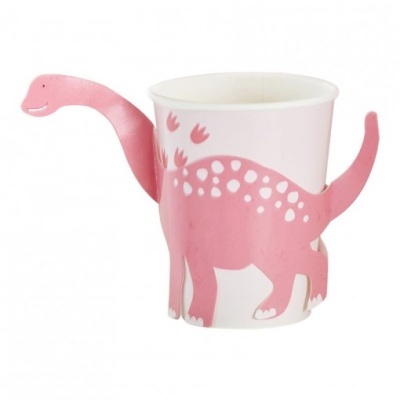 Copo branco com capa de dinossauro rosa decorativa