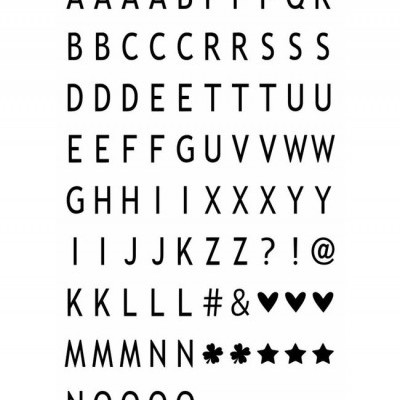 Cartela de letras maiúsculas, símbolos e ícones em preto