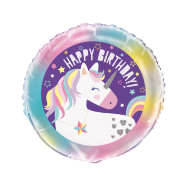 Balão de unicórnio colorido com texto HAPPY BIRTHDAY