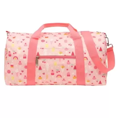 Mala de viagem rosa com estampado de gelados e frutas