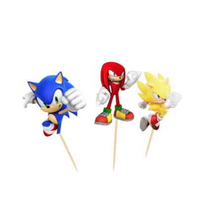 Toppers de bolo com personagens do Sonic em madeira, azul, vermelho e amarelo