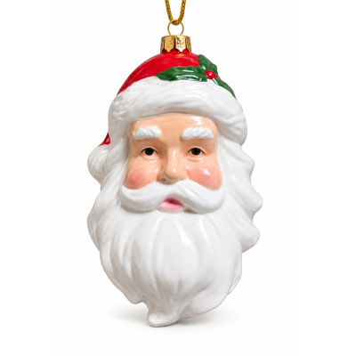 Enfeite do Pai Natal em cerâmica com gorro vermelho e branco e detalhes verdes e vermelhos